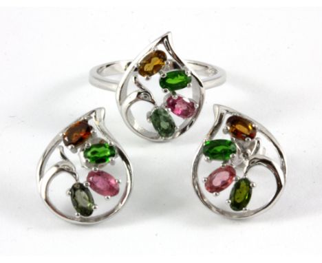 A pair of 925 silver mixed colour tourmaline set earrings and matching ring, (R).