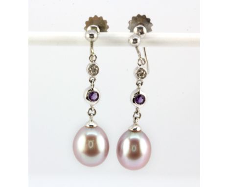 A pair of 9ct white gold screw back fitted drop earrings set with diamond, amethyst and pink pearls, L. 3.2cm.