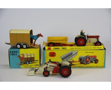 A boxed Corgi toys 29 tractor and trailer, 102 pony trailer and an unboxed tractor.
