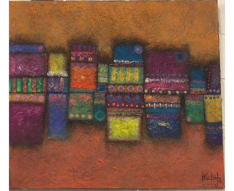 A large un-framed textured abstract oil on canvas with indistinct signature Adolfo Foraghan?, '56, 92 x 107cm.