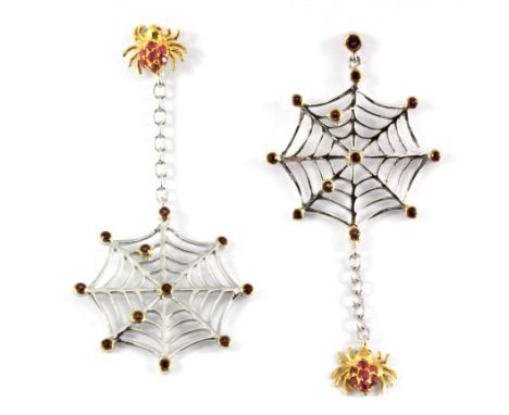 A pair of Hana Maae designer 925 silver gilt drop earrings in the shape of spiders and spider webs, set with rubies and garne