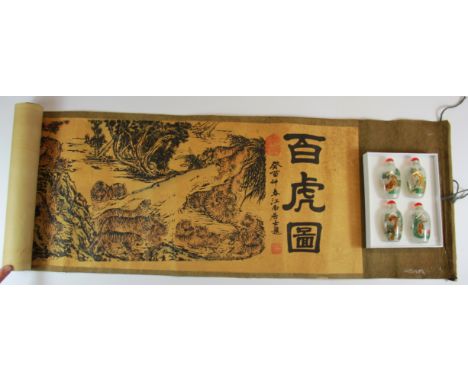 A Chinese scroll of tigers, W. 30cm, together with four inside painted snuff bottles of tigers.