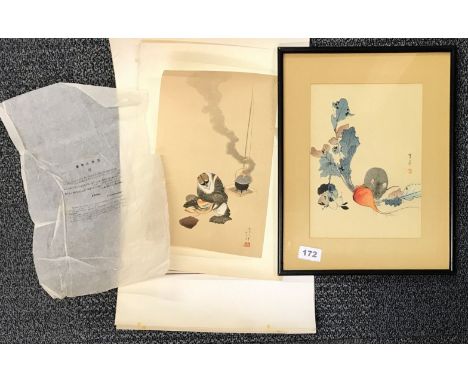 A framed Japanese woodblock print, 30 x 37cm, together with a further woodblock re-print by Hokusai Katsushiko, with two furt