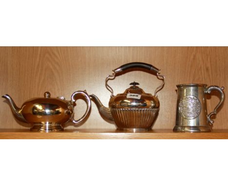 A silver plate kettle, teapot and Royal commemorative pewter tankard.