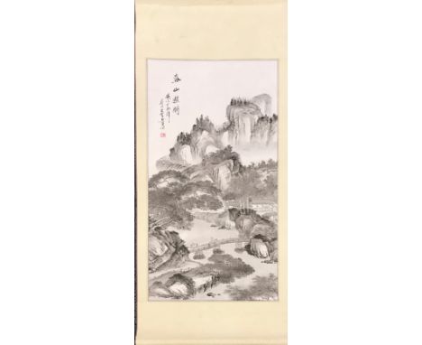 A silk mounted signed Chinese ink scroll of a mountain landscape, W. 64cm.