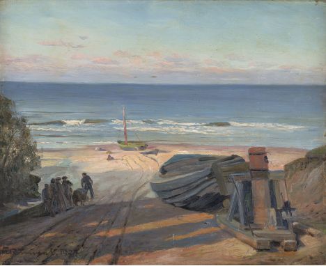 Rumpel, Karl Friedrich Ernst -- Fischer mit Booten am Strand von Usedom.Öl auf Leinwand. 40,5 x 50 cm. Links unten signiert u