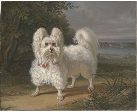 Wegener, Johann Friedrich Wilhelm -- Kleines Malteserhündchen am Elbufer.Öl auf Leinwand. 58 x 71 cm. Unten rechts signiert u