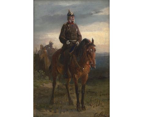 Steffeck, Carl Constantin Heinrich -- Kaiser Wilhelm I. zu Pferd.Öl auf Leinwand, auf Holzplatte aufgezogen. 28,3 x 19,3 cm. 