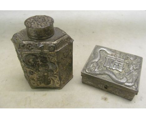 An oriental metal tea caddy and an oriental box