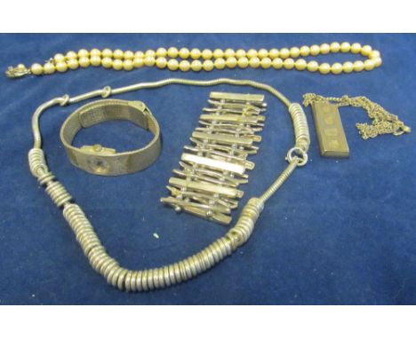 A simulated pearl necklace, silver watch, silver coloured bracelet and necklace, Edo and silver ingot