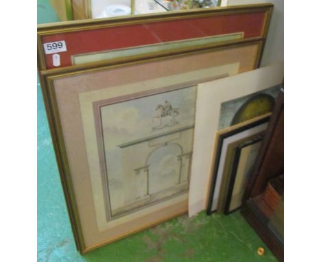 A group of prints including balloon and two architectural prints