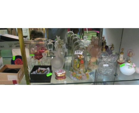 Various scent bottles, Caithness 'England' paperweight, decorative boxes and three cottage ornament under glass dome
