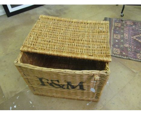 A large Fortnum &amp; Mason wicker hamper basket (missing hinges and one strap)