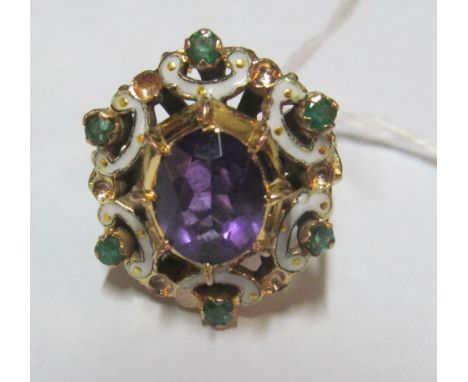 A 9ct gold amethyst, emerald and enamel ring (colours of Suffragette Movement)