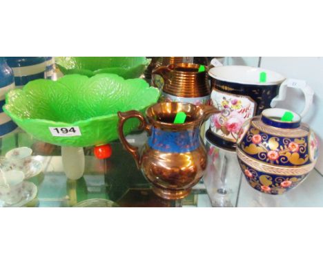 A Crown Staffordshire Victorian handpainted floral mug, two Victorian lustre jugs, a Carlton Ware bowl and a Crown Staffordsh