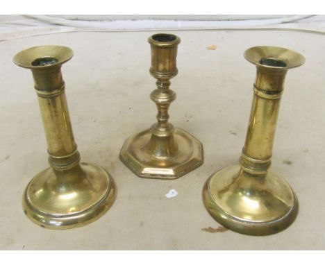 A Queen Anne style brass candlestick, pair George III brass candlesticks and jelly mould