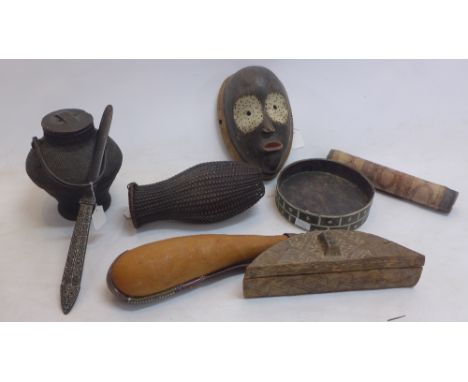 A collection of tribal vessels, boxes, tribal mask and other items probably originating from New Guinea or Congo (9)