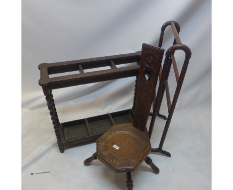 A stick stand, tripod chair and 19th Century towel rail