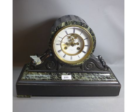 A Wilson and Gandar black slate mantel clock, Roman numerals to dial, with winding key,  W.41cm 