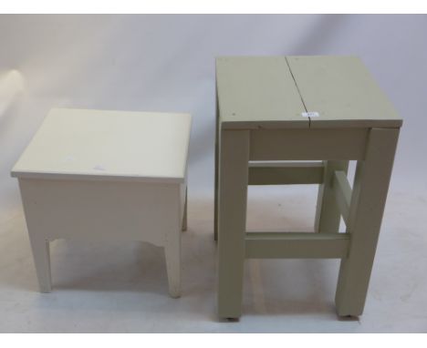 A grey painted lamp table together with a white painted comode