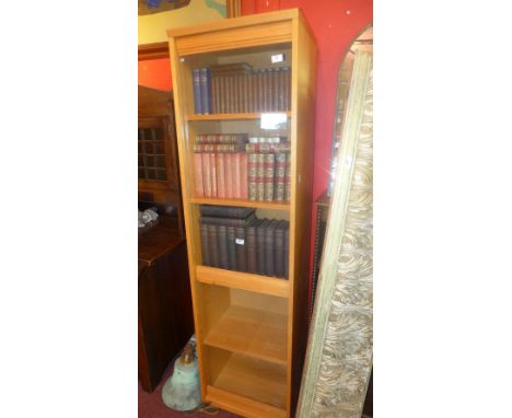 A vintage 20th Century Danish beechwood glass fronted bookcase display cabinet having five shelves. H: 182cm W:50cm D:39cm