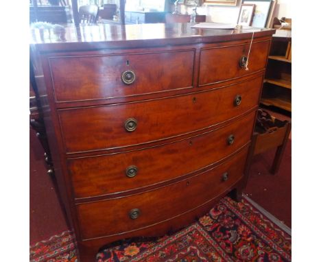 A 19th Century mahogany bow fronted chest of two short over three long drawers, raised on splayed legs. H-108cm, W-109cm, D-5