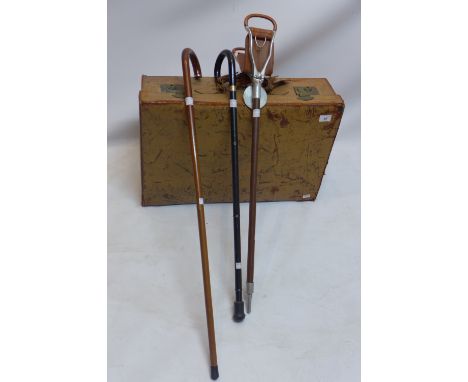 An old leather suitcase and a walking cane having 9ct gold tip and one other cane and a shooting stick seat (4)