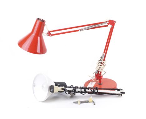 Two late 20th century anglepoise desk lamps. Including an orange HCF Denmark and a white metal work light. 