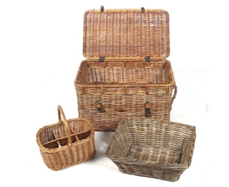 Three pieces of wicker. Comprising a hamper, H47cm x W76cm x D46.5cm, a single handled basket with six compartments and a rec