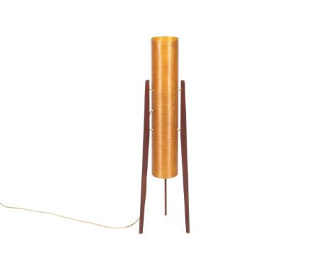 A 1960s Novoplast 'Rocket' floor lamp. With orange textured fibreglass tube shade suspended between three teak legs. H112.3cm