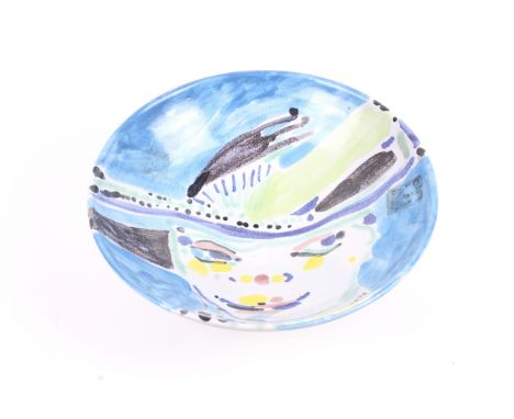Philip Sutton (born 1928) hand painted studio pottery bowl. Painted inside and out in coloured glazes, portrait of a lady in 