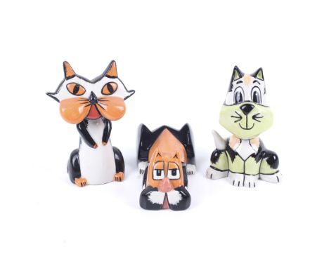 A collection of three assorted signed Lorna Bailey ceramic cats. Consisting of two seated and one lying down. Max. H14cm