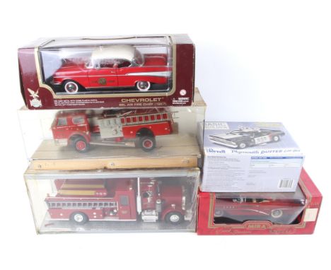 Collection of assorted larger scale die cast models. Relating to the USA fire department plus a Revell Plymouth Duster Cop Ou