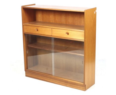 A mid-century Nathan display sideboard. With an open shelf above two drawers over two glass sliding doors, opening to reveal 