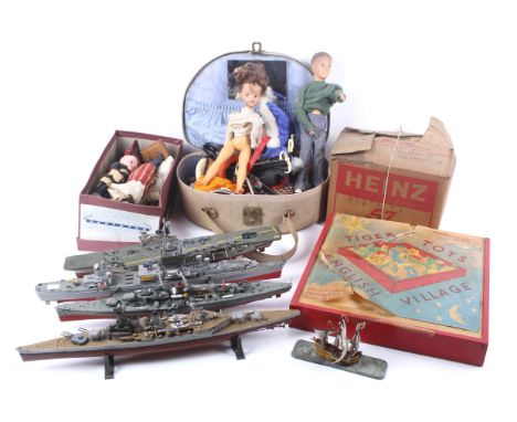 An assortment of vintage toys. Including Sindy Paul Pedigree dolls and clothing, model ships, a Tiger Toys model village, dol