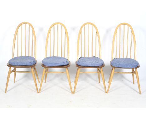 Four circa 1978 Ercol Windsor 365 blonde elm hoop back chairs. With turned slats, raised on turned and tapered supports, H96.