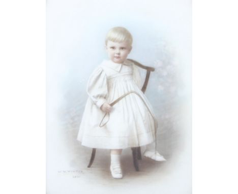 An Edwardian portrait painted on porcelain. Depicting a young child holding a whip, signed and dated 'W. W. Winter 1902', in 