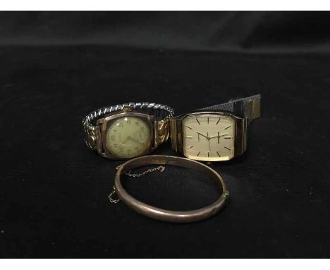 COLLECTION OF COSTUME WATCHES including a 9ct gold cased example, a number of gold and stone set pieces and two stick pins