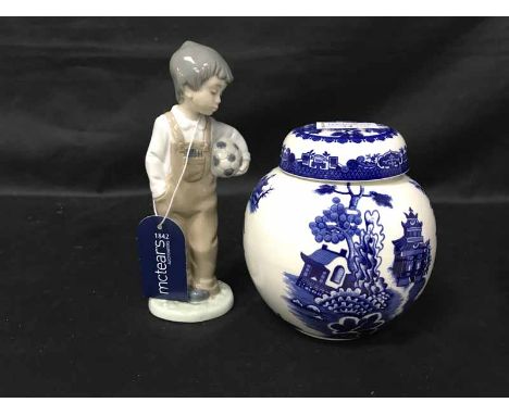 LOT OF DELFT CERAMICSincluding Stafordshire "Willow" pattern tea caddy and a pair of lions; along with a Nao figure of a boy 