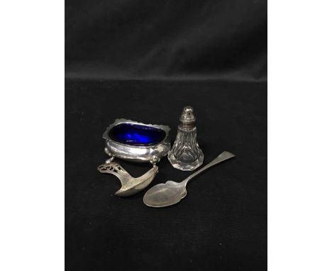 SILVER SALT DISHtogether with a silver topped pepper pot, silver caddy spoon, silver tea spoon, silver plated mother of pearl