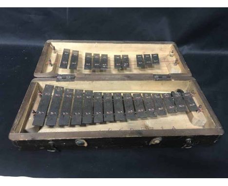 ART DECO TEA TRAY, PORTABLE XYLOPHONE AND TWO SMALL ITEMS OF COPPER