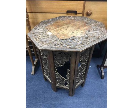 CARVED OAK HEXAGONAL FOLDING TABLEalong with a tapestry firescreen
