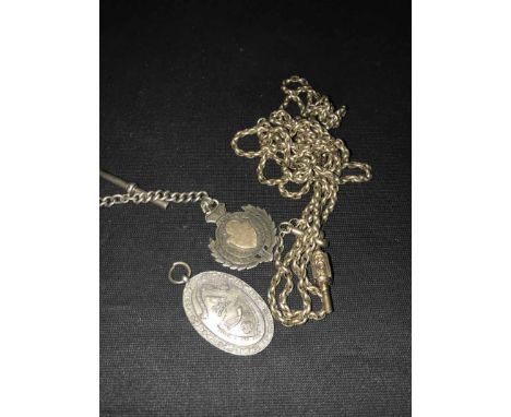 STERLING SILVER ALBERT CHAINwith fob; along with a Burns Federation silver medal and metal guard chain (3)