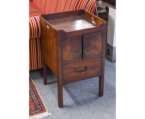 A George III Mahogany Tray Top Commode, raised on reeded square supports, 48cm square by 79cmVery good colour. Small split to