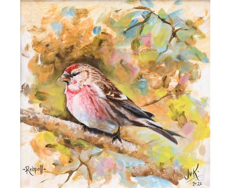 Jo Van Kampen (b.1968) "Redpoll" Signed, inscribed and dated 2022, oil on panel, 24cm by 24cm