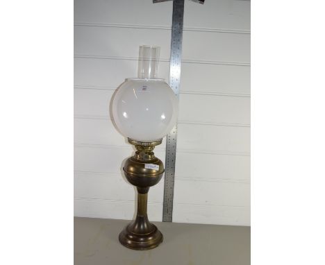 BRASS OIL LAMP WITH GLASS CHIMNEY AND WHITE SHADE