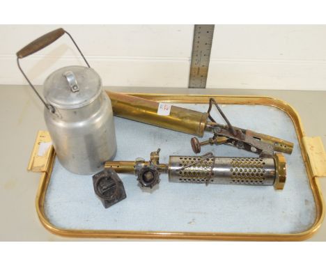 METAL CONTAINER, A SMALL BRONZE WEIGHT, TWO METAL BLOW LAMPS