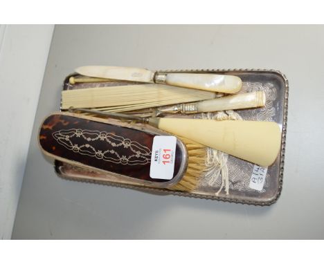 BOX CONTAINING BUTTON HOOKS AND HAIR BRUSH WITH TORTOISESHELL BACKING