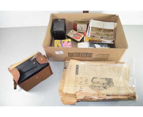EPHEMERA, OLD BOX CAMERA, SOME OLD PHOTOGRAPHS AND SMALL QUANTITY OF POSTCARDS