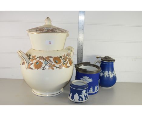LARGE 19TH CENTURY CERAMIC JAR AND COVER WITH LOOP HANDLES, TOGETHER WITH A WEDGWOOD JASPERWARE JUG ETC